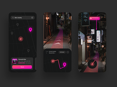 AR Route App android app ar augmented reality dark mode direction futuristic ios iphone map mobile navigation neon pink route tourism travel ui vr