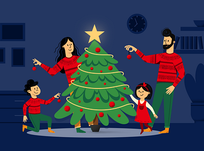 christmas time character christmas christmas tree family illustration