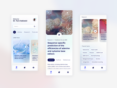 Science Journal app - concept design app article blurred background concept design delicate gradients health ios knowledgebase light mobile app nature podcast reading research review science search tabbar user interface