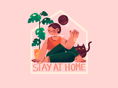 Stay at home cat explainer flat girl home illustration illustration digital plant quarantine selfcare stayhome staysafe texture