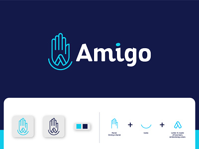 Blue hand with a letter logo and smile a letter logo branding design hand logo identity letter a logo