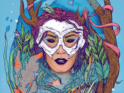 earth • wind • fire • WATER: Vibrant antler bone colorful drawing flower illustration illustrator leaves octopus poster protrait skull society6 vibrant wacom water woman