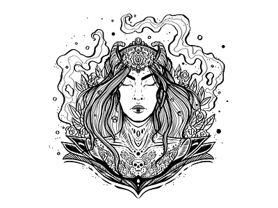 Daily Sketch #9 black and white daily daily sketch design drawing flower graphic design horns illustration ink leaves pattern portrait poster practice procreate sketch woman