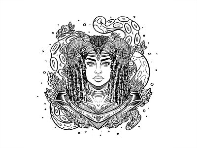 Daily Sketch #14 black and white daily sketch design drawing flower graphic design horns illustration ink leaves octopus pattern portrait poster practice procreate tentacles woman