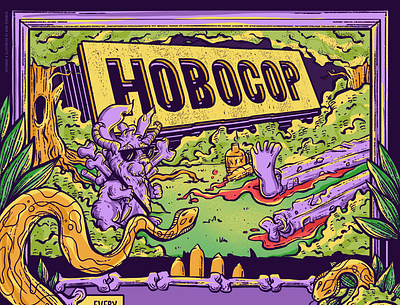 "Hobocop" • NYC Stand-Up Comedy Show badass bones comedy creature flyer freelance graphic design hobocop illustration leaves occult procreate promo rabbit skull snake standup trees weird