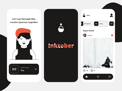 Inktober app for creatives art artist beret blackandwhite design girl homepage illustration inking inktober inktober2020 layout minimalistic ui ux