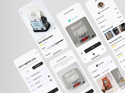 Beanlab - Coffee rating app app blackandwhite clean coffee coffee shop design layout minimalistic mobile ui monochromatic qr qrcode rating scan