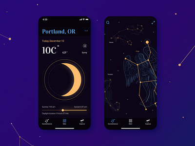 SkyTreasure - Weather & Moon Phases App constellations darktheme design homepage illustration layout mobile mobile app soda ui ux weather app witchcraft