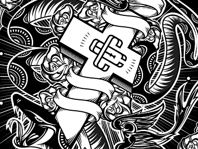 Snake, cross, monogram, ribbons, a pair of swallows & many roses bezier black cross dribbble illustrator monogram ribbon rose snake swallow vector white