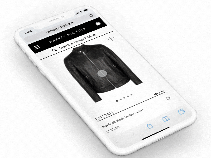 PDP (Product Detail Pages) with sticky 'Add to Bag' animation belstaff ecommerce flinto gif harvey nichols ios mobile pdp product prototype shop