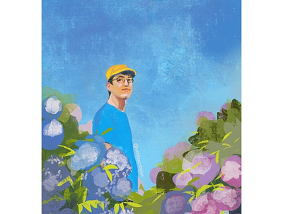 Man in a Hydrangea Field digital illustration editorial illustration illustration impressionistic style portrait