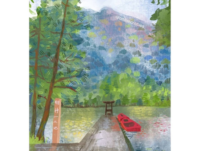 Myojin-ike Pond digital illustration editorial illustration illustration japan nature procreate scenery shinto sketch spirituality