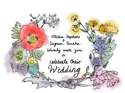 191216 Wedding Card Wreath fine nib flowers handdrawn ink pen and ink watercolour wedding