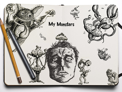 My Monsters hand drawn illustraion pen and ink pen and paper