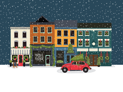 Merry & Bright Holiday Card buildings holiday card illustration snow vw