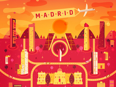 Madrid buildings cars city madrid plane sunset