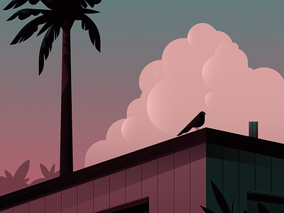 Sunset city clouds flat illustration landscape palm tree