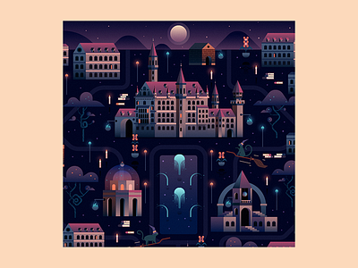 Magic Academy castle city flat illustration landscape map