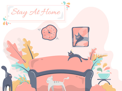 Stay At Home animal illustration cat colorful design flat graphicdesign healthcare illustration kitten minimalist pet safety stay at home stay safe vector
