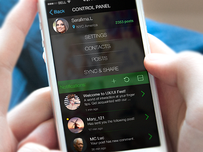 Social app Control panel app control design interface ios notification panel profile social ui ux