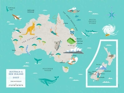 Australia & New Zealand map digital hand lettering illustration map