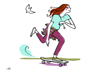 Skater girl illustration pen and ink