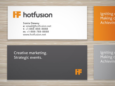 Hotfusion Moo Cards business card flame grey logo orange white