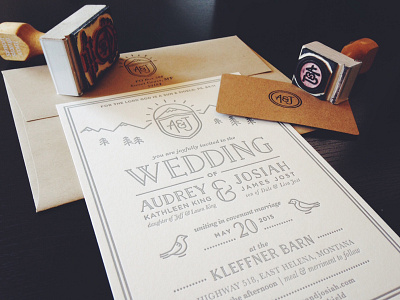 Married! envelope invite kraft letterpress monogram mountains shield stamp stationery sun trees wedding