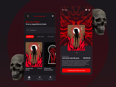 Darkside Books - App (fictício) app books dark design horror mobile skull ui ux
