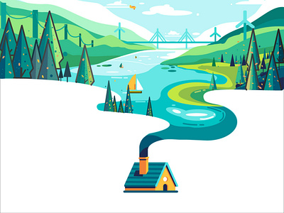 A house with a chimney going through a river branding design illustration ui vector