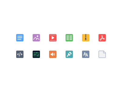 Distinctive icon pack for a file storage 24px audio code font generic file html icon pack image pdf psd strong colors tables text video zip