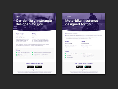 Zego Insurance - One Pagers app branding car design digital design document flyer graphic design illustration insurance layout logo motorbike onepager paper print ui ux vector zego