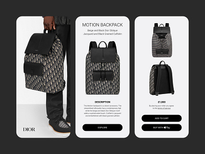 Dior Backpack animation app backpack branding buttons dark design digital design dior ecommerce graphic design icons illustration interface logo luxury shop ui ux vector