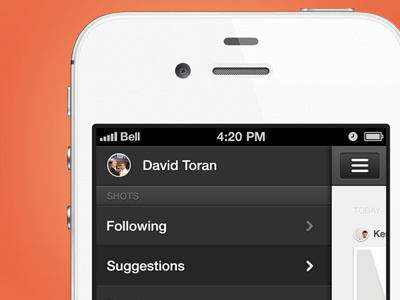Dribbble App Design - menu open app clean design dribbble follow fresh iphone mobile screen shots