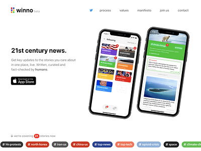 Winno news app landing page app blog content discussion feed ios journalism landing page media news posts thread