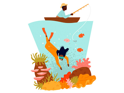GoDaddy Collaboration - Sustainable Fishing character design colorful coral reef digital environmentalism fishing illustration ocean sustainability tayla de beer texture vector