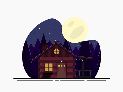 Cozy Cabin in the Woods cabin highlights illustration illustrator moon night rustic