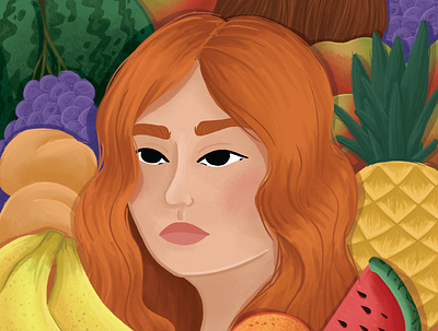 Fruits art bananas charactedesign children art children book illustration coconut design fruit fruit illustration fruits fruity girl grapes illustration nature oranges pineapple redhead watermelon woman