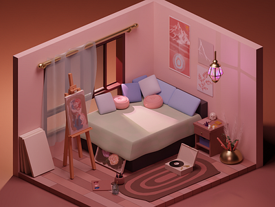 Pink Room 3d 3dmodeling bedroom blender design illustration isometric isometricroom