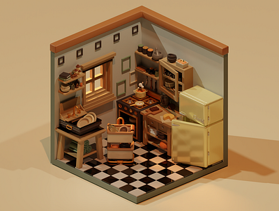 Kitchen 3d blender design enviroment illustration isometric room kitchen