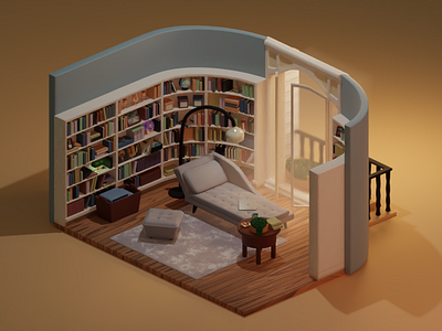 Library 3d blender illustration interio design isometric isometric room library living room