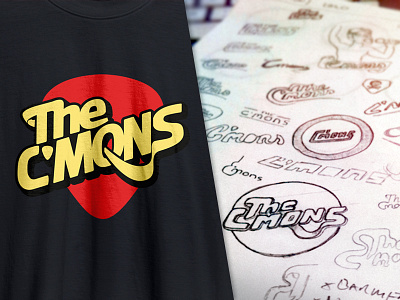 The C'mons logo + sketches badge band design drawings guitar logo music retro rock sketches typo