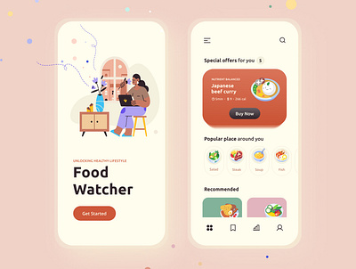 FoodWatcher design food app get started illustraion local business nutrients uiux