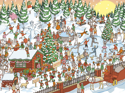 Can You Find The Hidden Claus? Christmas Card Illustration christmas christmas card detail elves illustration illustrator santa santa claus snow vector winter xmas