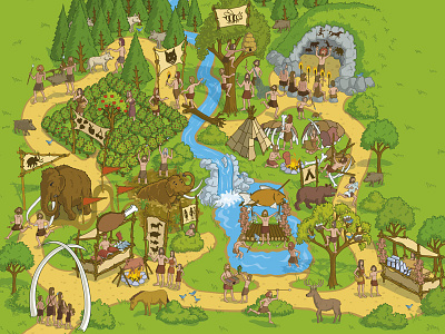 Hunter Gatherers Theme Park animals childrens book history illustration illustrator isometric map maps pixel art publishing theme park vector