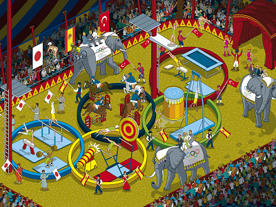 Five Ring Circus - The Race for 2020 Olympic Games animals detail editorial graphic illustration illustrator isometric magazine olympics pixel art sport vector