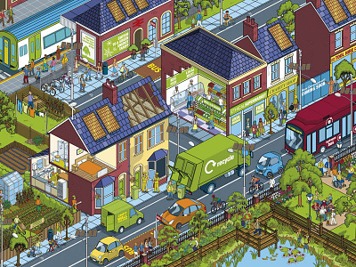 DEFRA Sustainable Behaviors Illustration buldings cityscape environment government green illustration illustrator information isometric people pixel art vector
