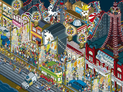 Top Gear Wheres Stig? Blackpool books cars cityscape crowds detail illustration illustrator isometric people pixel art travel vector