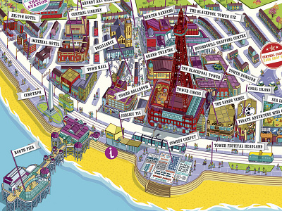 Visit Blackpool Resort Map Illustration - detail advert advertising illustration illustrator isometric map maps pixel art tourism travel vector