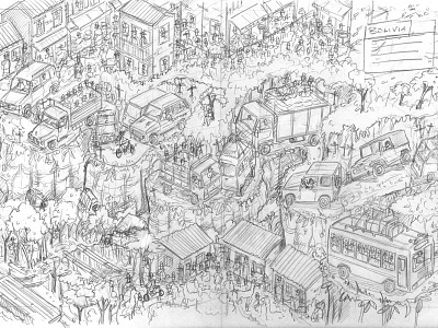 Pencil Rough - Where's Stig? The World Tour - Bolivia book cars composition detail drawing drawn illustration illustrator layout pencil rough wip